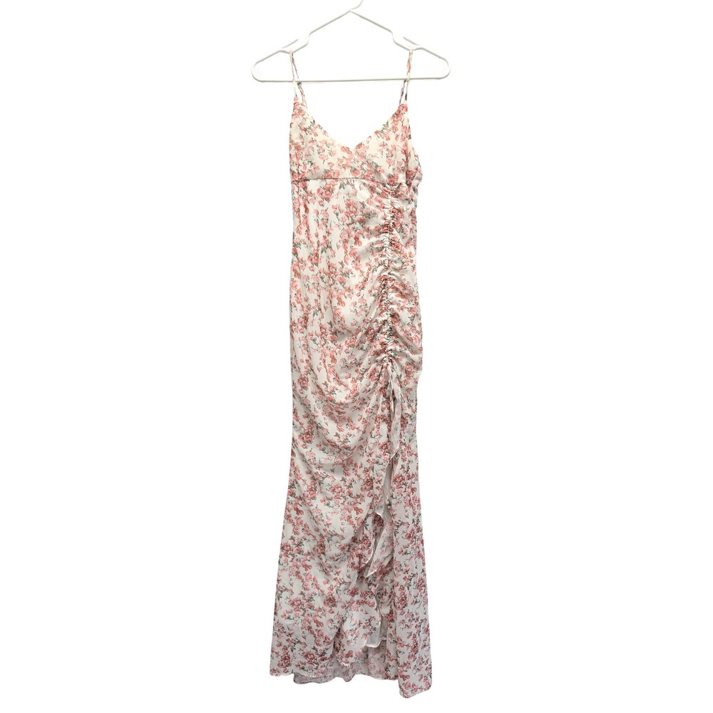 Hello Molly Floral Maxi Dress Pink Cream Ruched Ruffle Slit Size S US 4 AU 8